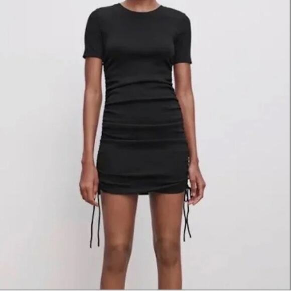 Zara Black Ruched Sides Mini Dress - Picture 1 of 7